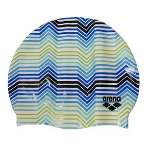 NWT Arena Silicon Swim Cap in Blue, Green, and Black Stripe Pattern